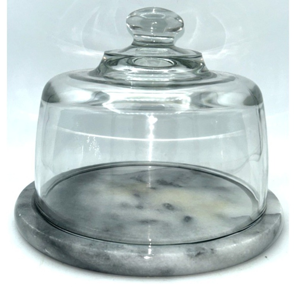 Dutch Garden Grey Marble & Glass Cloche Cheese Dome Platter Server 7.25"